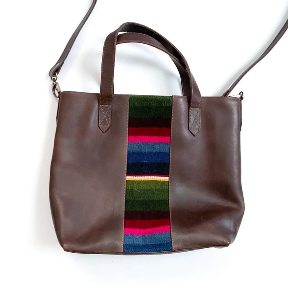 The White Yak Aztec Textile Brown Leather Tote Satchel with Strap - Picture 4 of 7